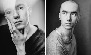 2 black and white headshots of man with sahved head